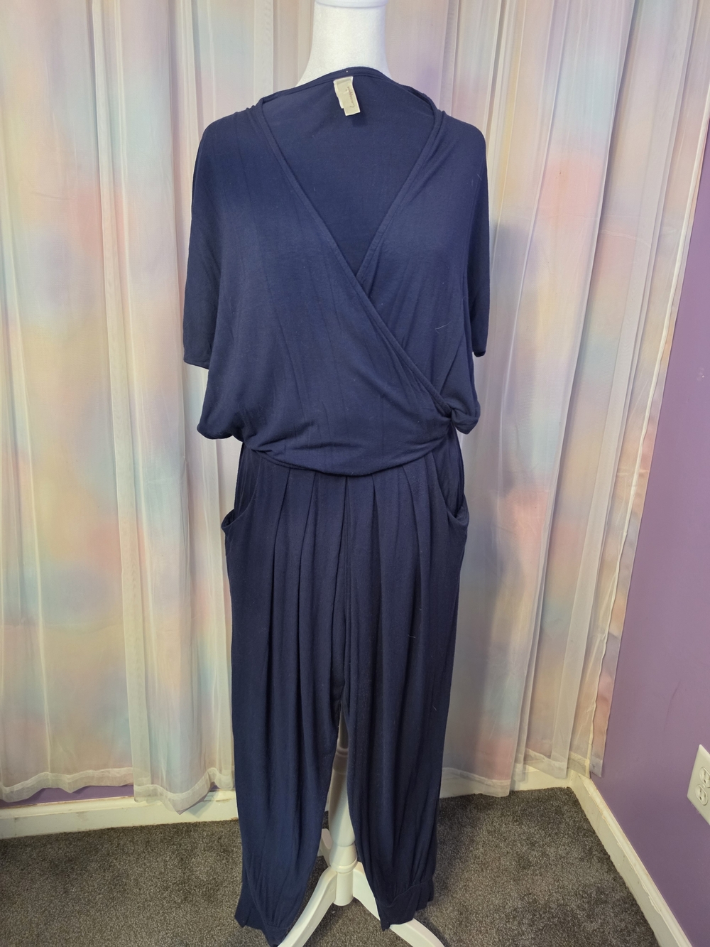 Lovecapella Navy Wrap-Front Jogger Jumpsuit with Side Pockets Size Medium